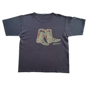 Vintage 90s Bedazzled Nashville Cowboy Boot Black T-shirt pink silver rhinestone
